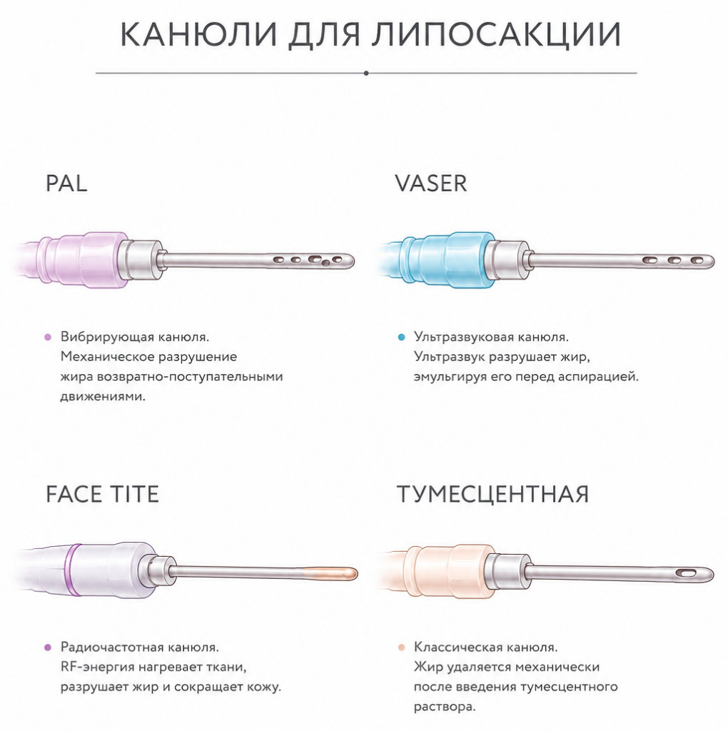 канюли для выполнения различных видов липосакции: PAL, VASER, Face-tite, тумесцентной